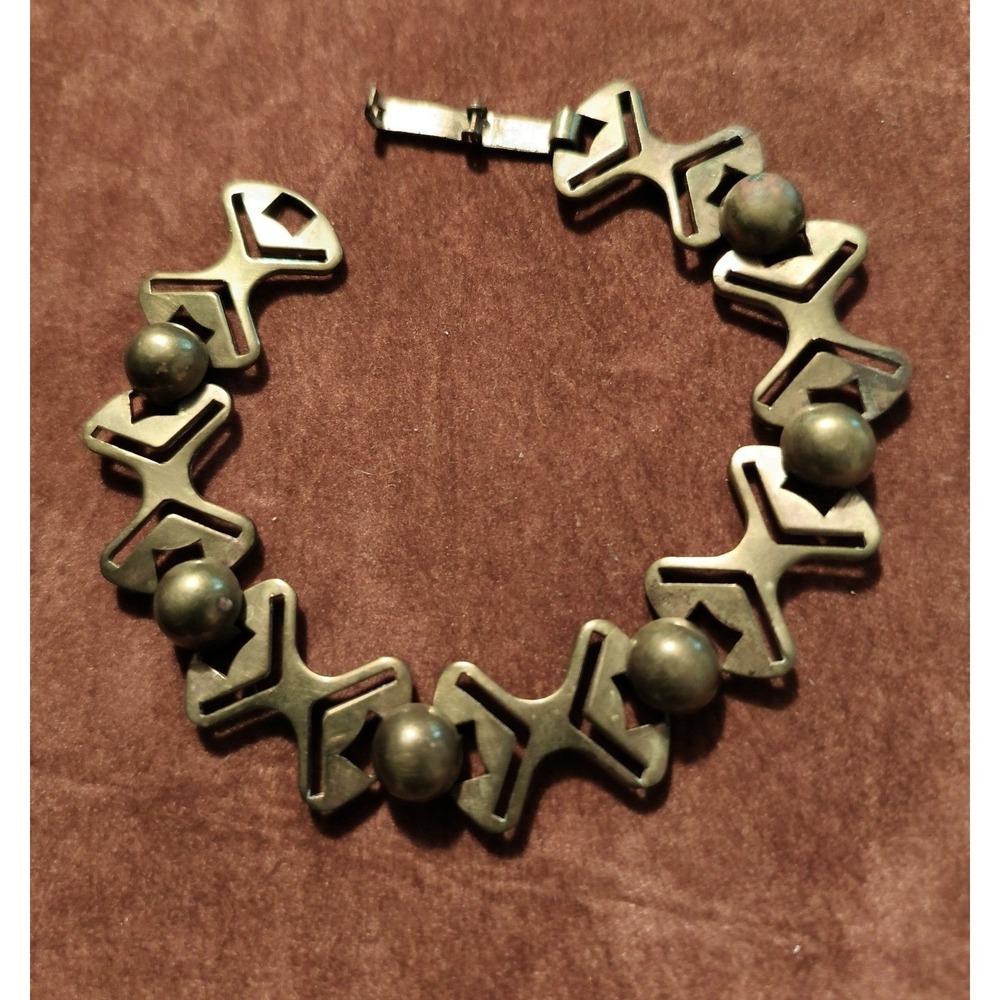 Vintage Dufoe Modernist Geometric X Link Bead Bracelet Brass Bronze Tone Signed